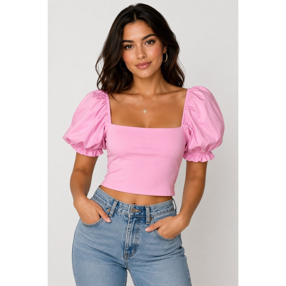 Zara Pink Puff Sleeve Crop Top Square Neck Tie Back Knit Medium